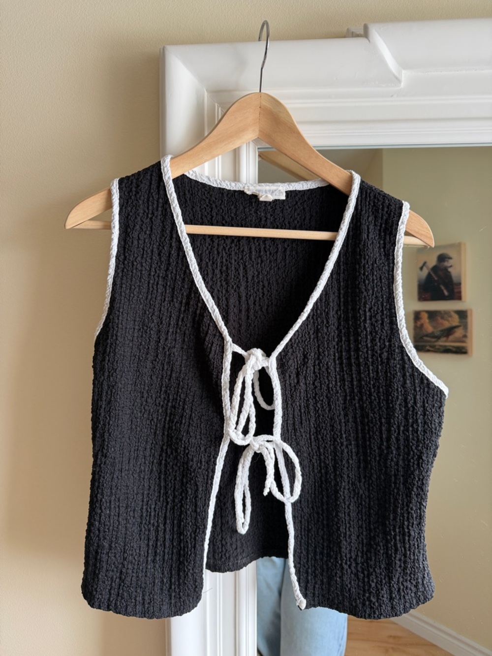 See You Monday Black Textured Tie-Front Tank with White Trim